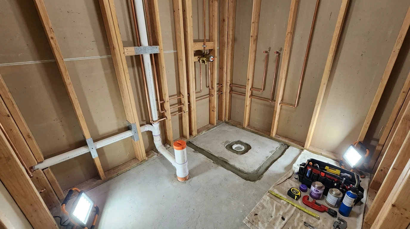Bathroom rough-in plumbing during remodel by Johns Plumbing LLC in Burnham