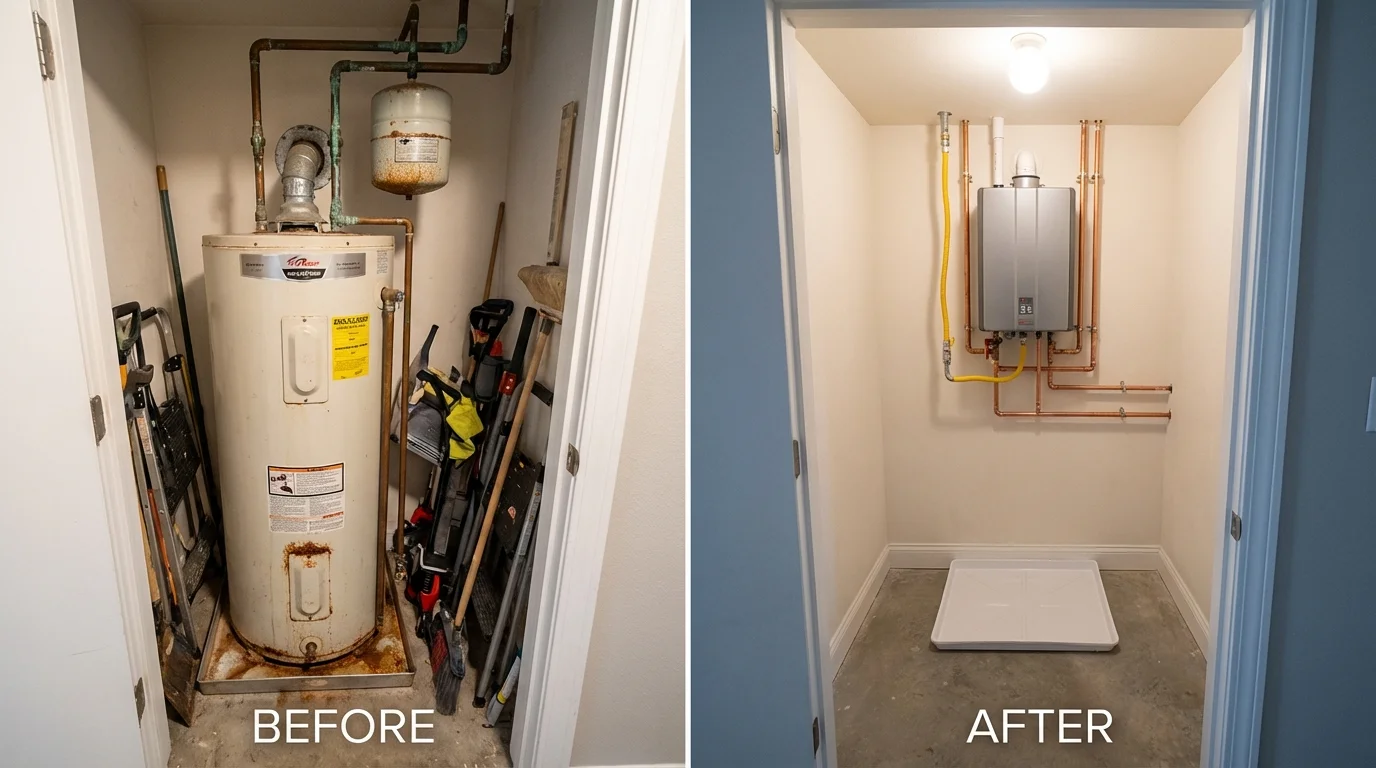 Tank water heater versus wall-mounted tankless unit comparison for Burnham, PA homeowners