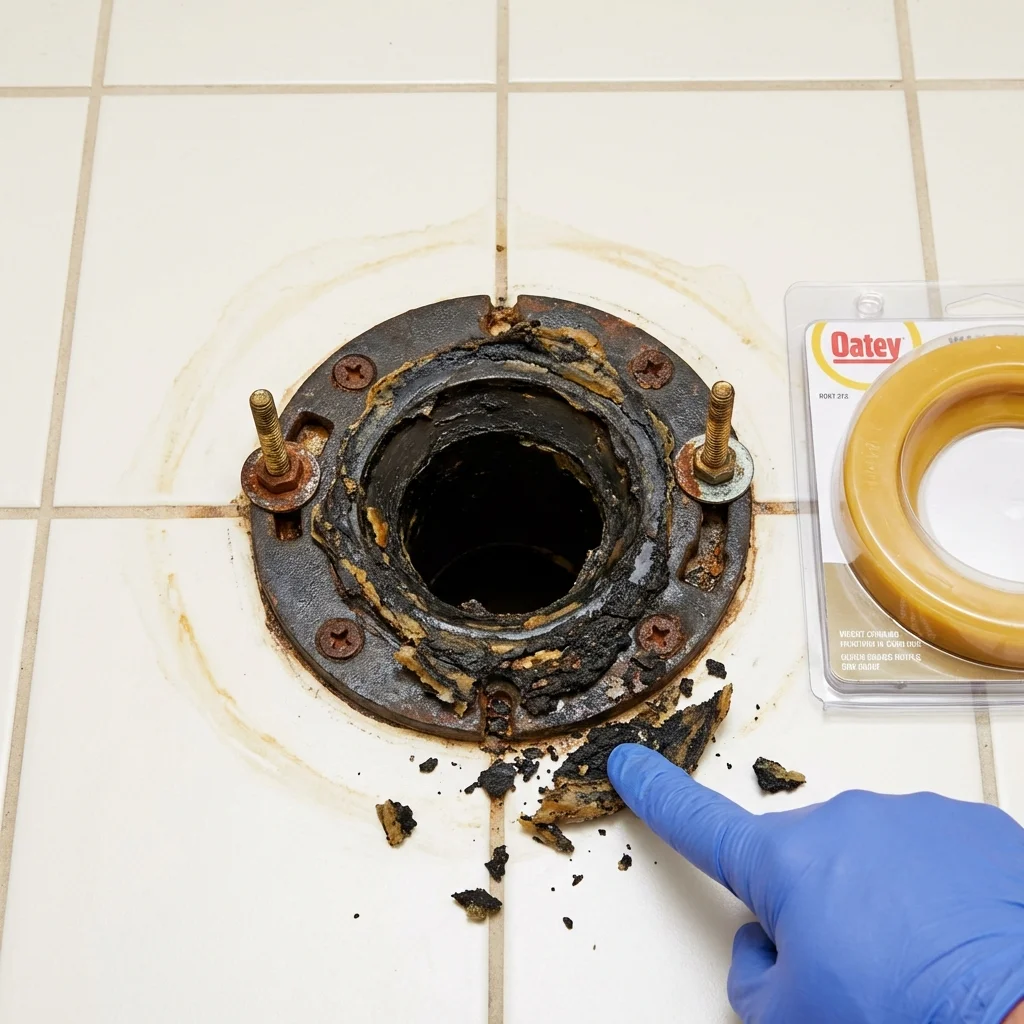 Failed wax ring showing water seepage at the base of a toilet in a Burnham, PA home