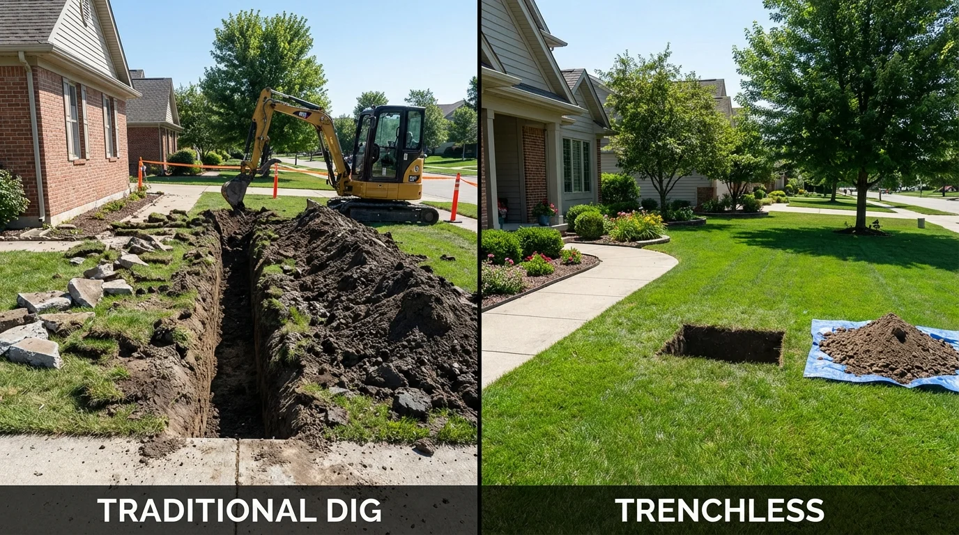 Trenchless sewer repair with minimal yard damage versus traditional excavation in Burnham, PA