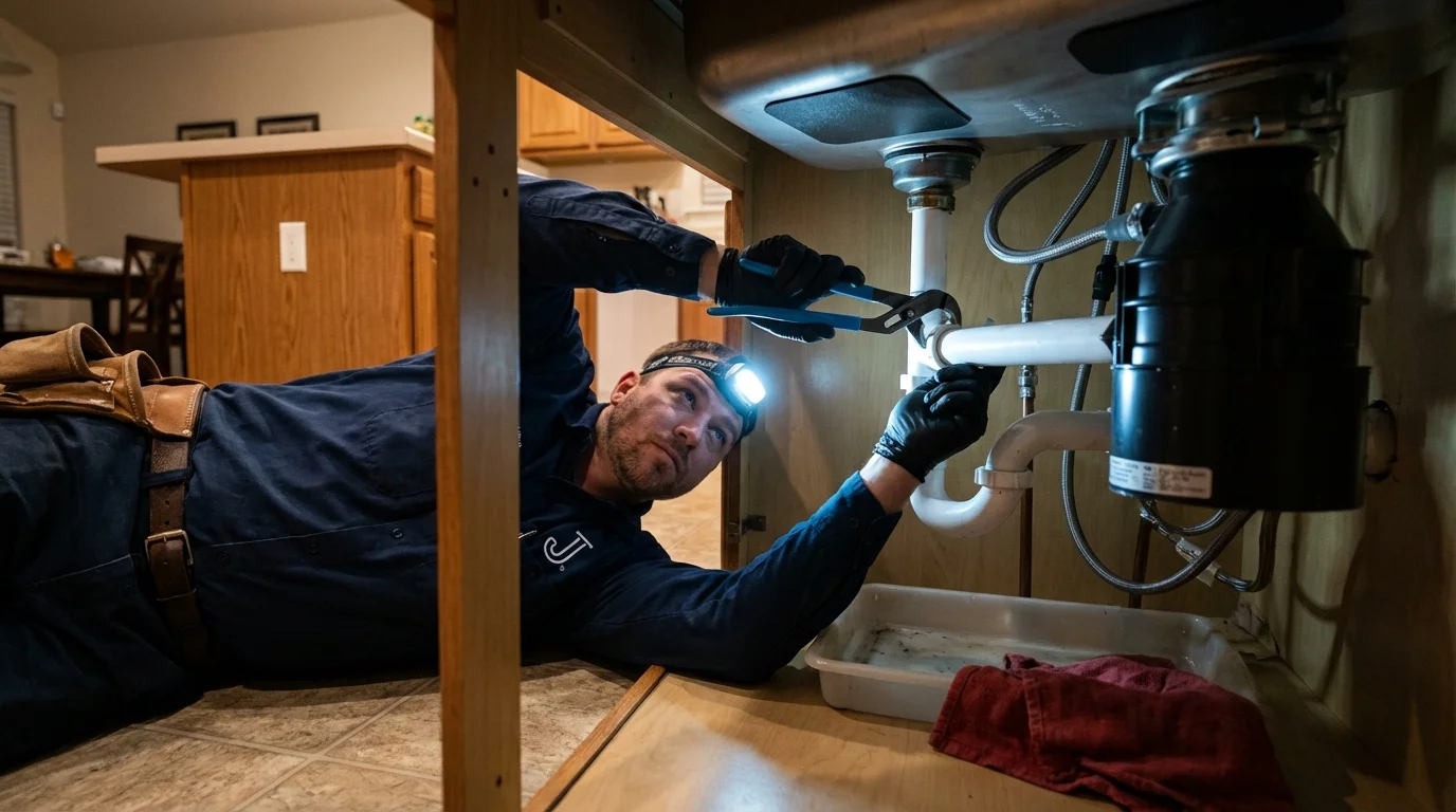 P-trap and supply line connections under a kitchen sink showing a common leak point in Burnham, PA